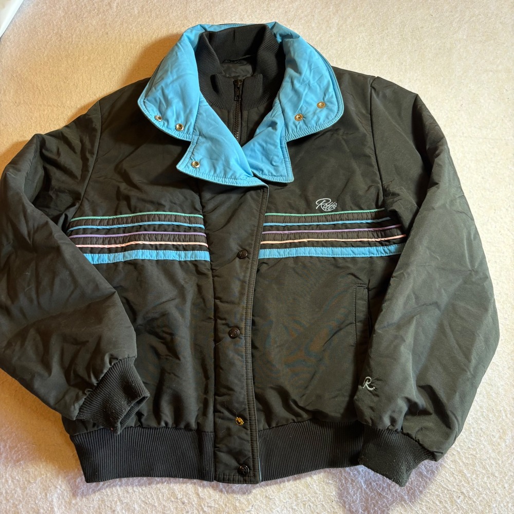 Vintage Roffe Womens Betsy Ski Jacket Black Blue Retro Stripe Snap‎ Button 10